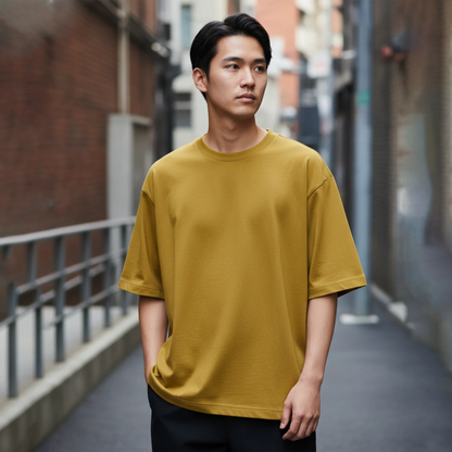 Man wearing a mustard yellow t-shirt on a city street