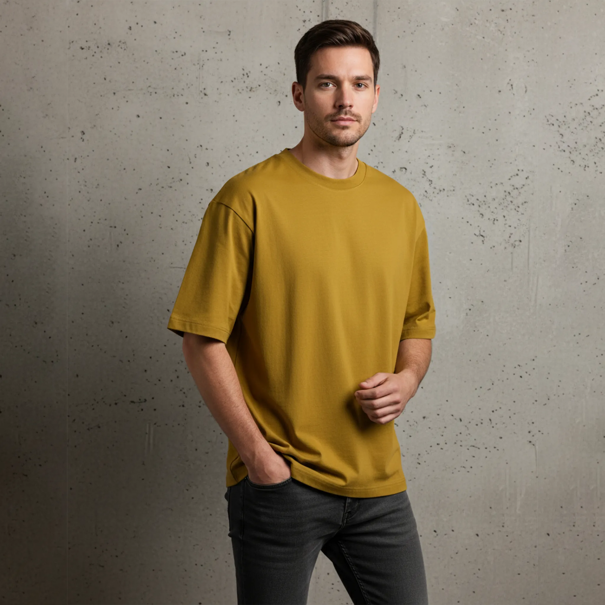 Man wearing a mustard yellow t-shirt against a textured gray wall