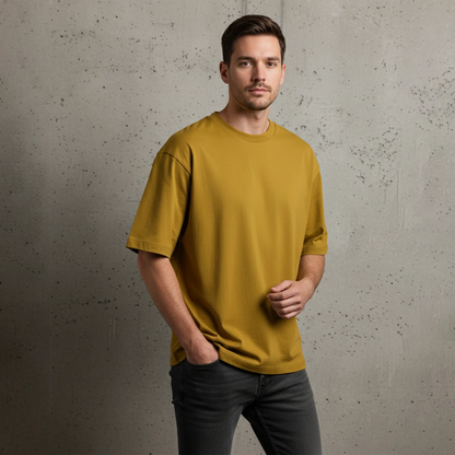 Man wearing a mustard yellow t-shirt against a textured gray wall