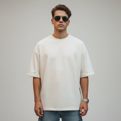 Man wearing a white t-shirt and sunglasses against a gray background