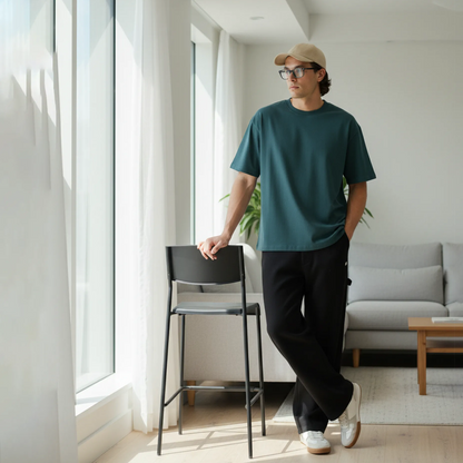 Man standing in a modern living room with a neutral color palette