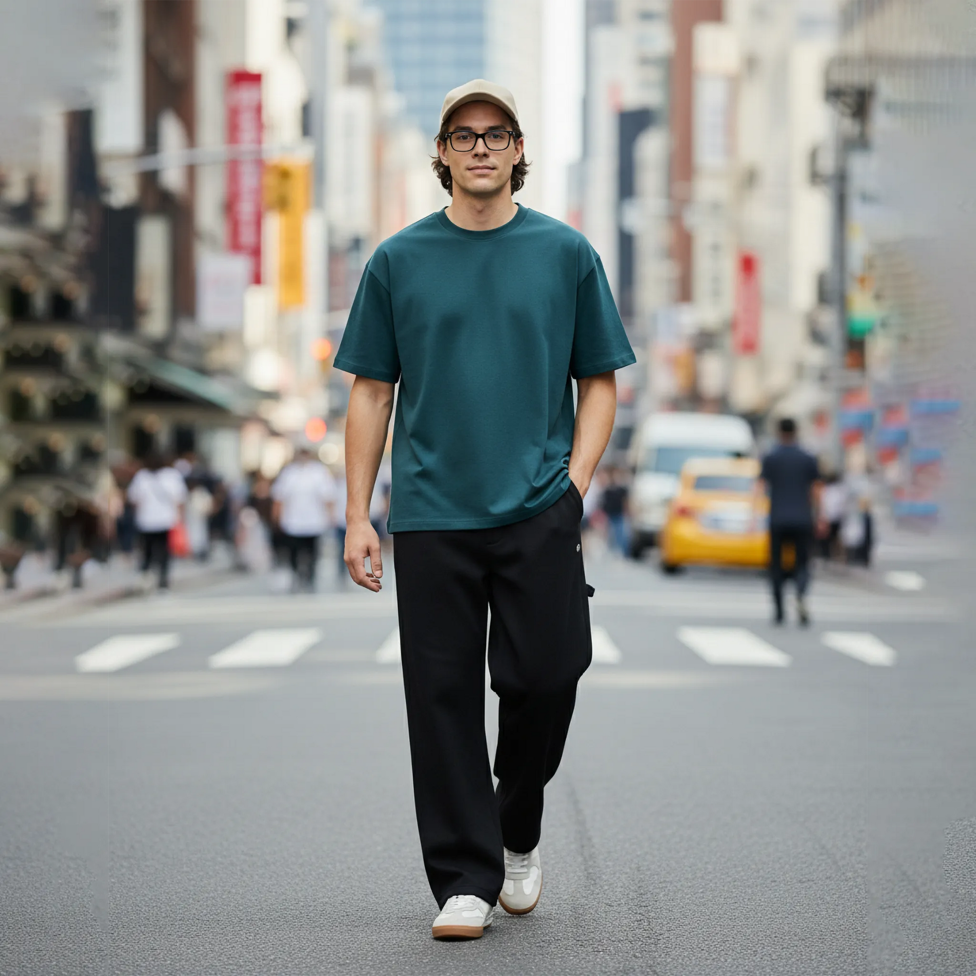Man walking on a city street wearing a teal shirt and black pants.