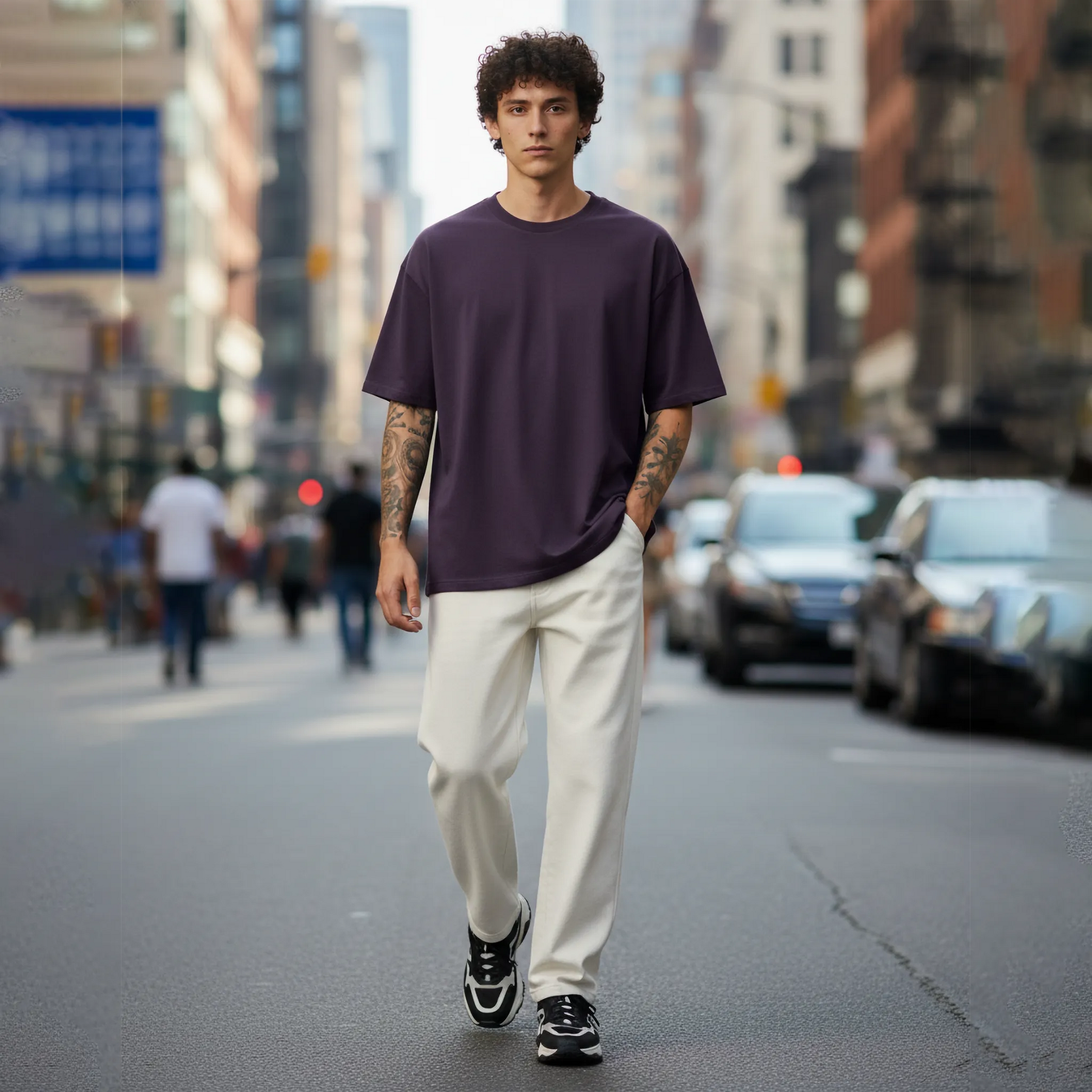 Man walking on a city street wearing a purple shirt and white pants.