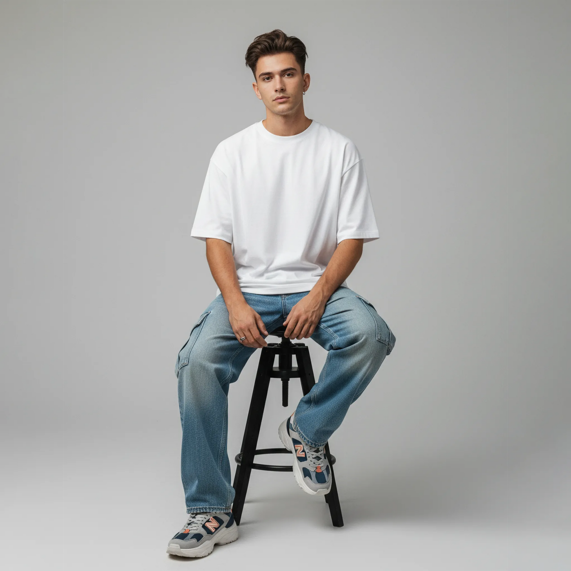 Man sitting on a stool wearing a white t-shirt and blue jeans against a gray background