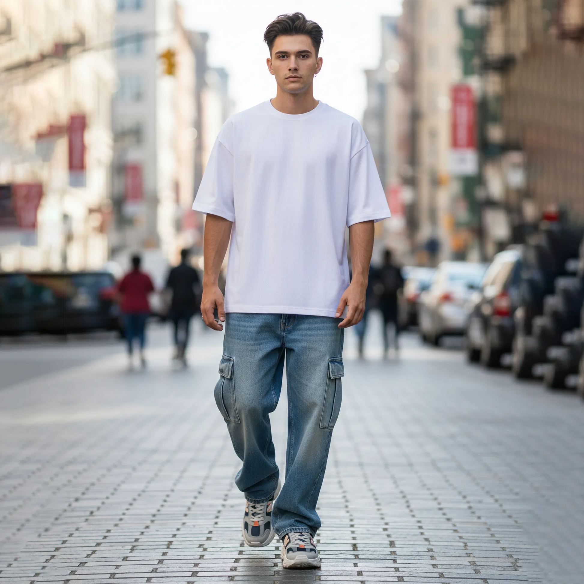 Man walking on a city street wearing a white t-shirt and blue jeans.
