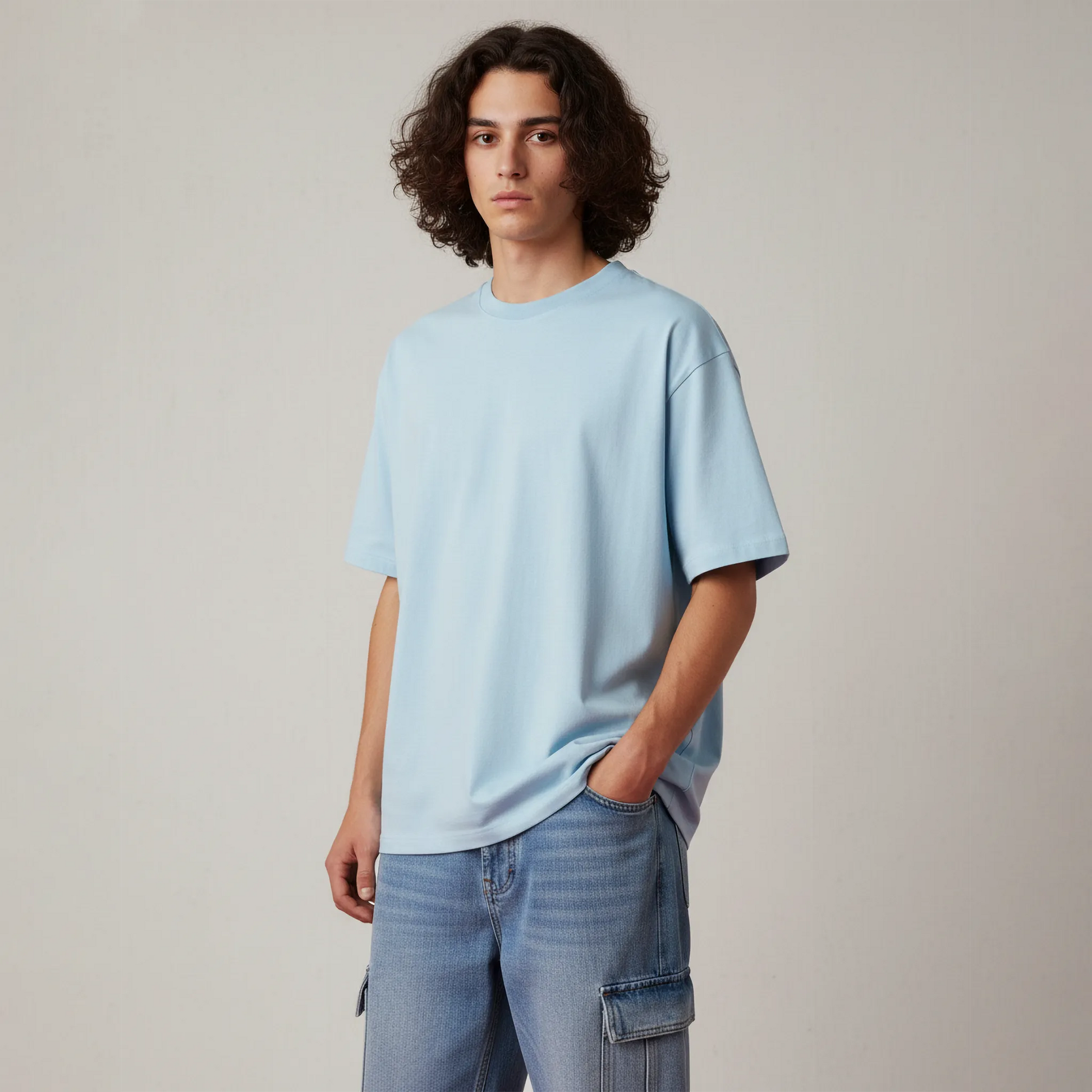 Person wearing a light blue t-shirt and jeans against a plain background