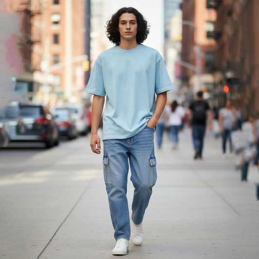 Man walking on a city street wearing a light blue t-shirt and jeans.