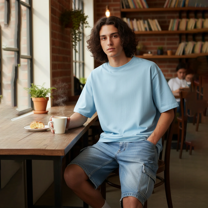 Man sitting at a table in a cafe holding a cup, wearing a light blue t-shirt and denim shorts.