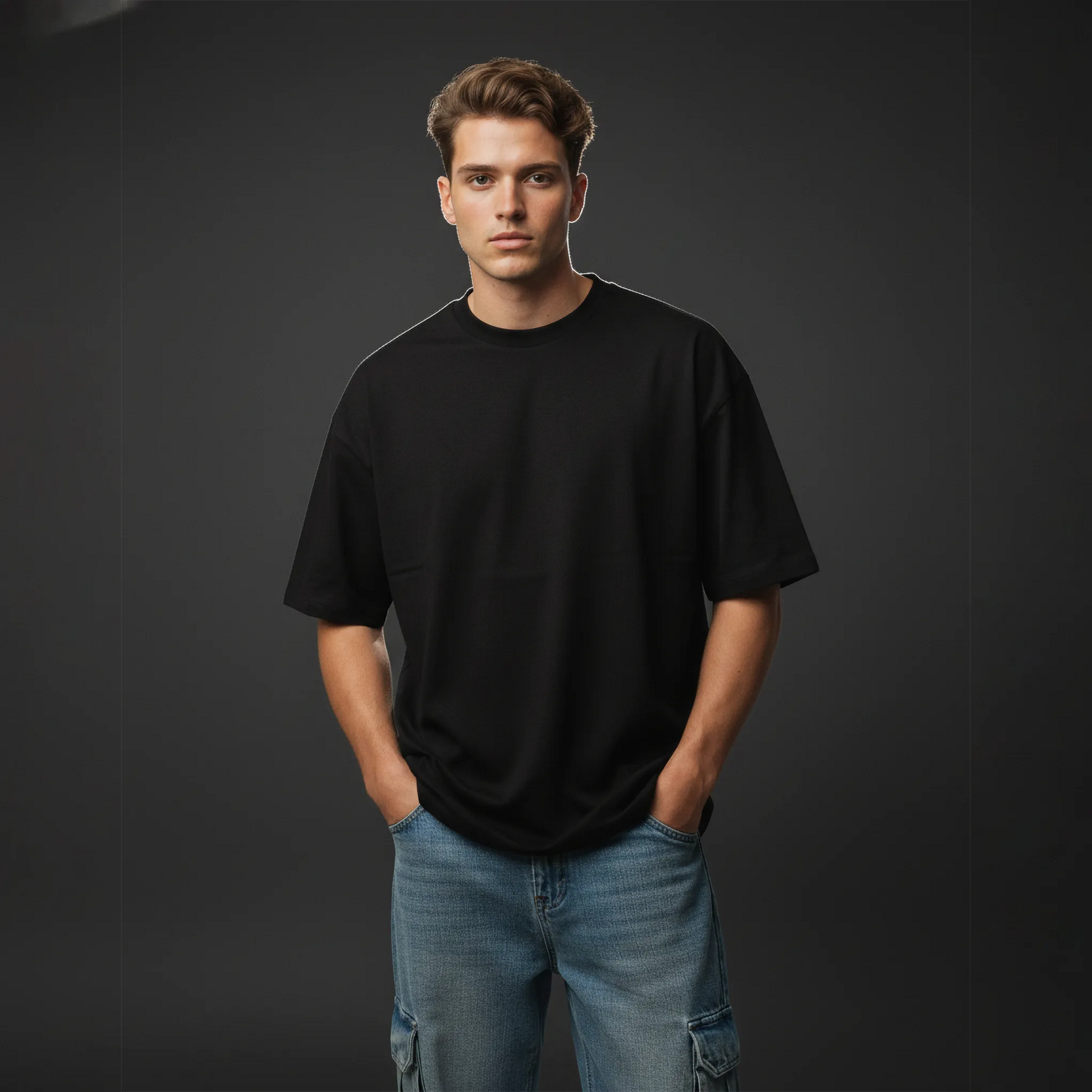 Person wearing a black t-shirt and blue jeans against a dark background