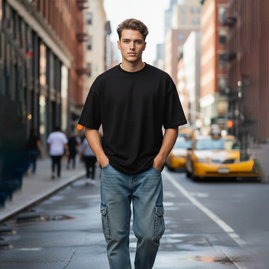 Man in black t-shirt and blue jeans standing on a city street with yellow taxis in the background
