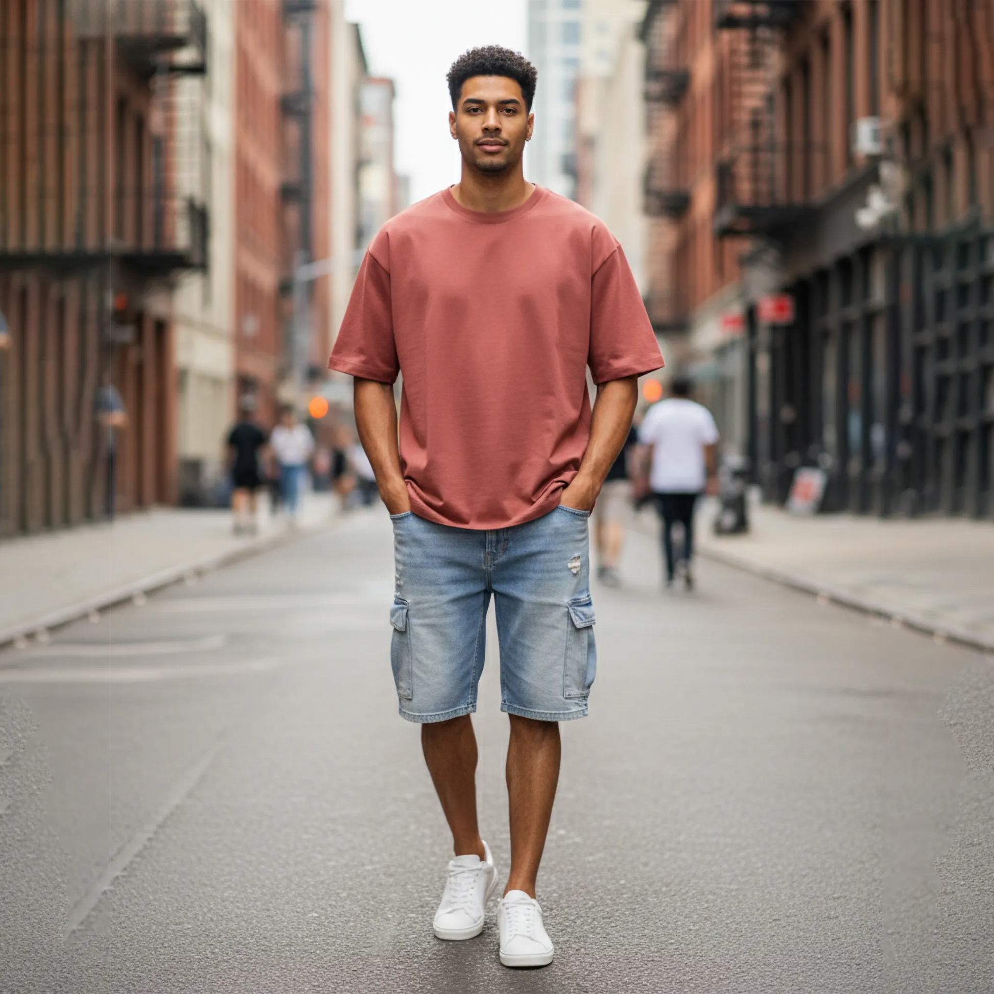 Man wearing a red t-shirt and blue shorts standing on a city street.