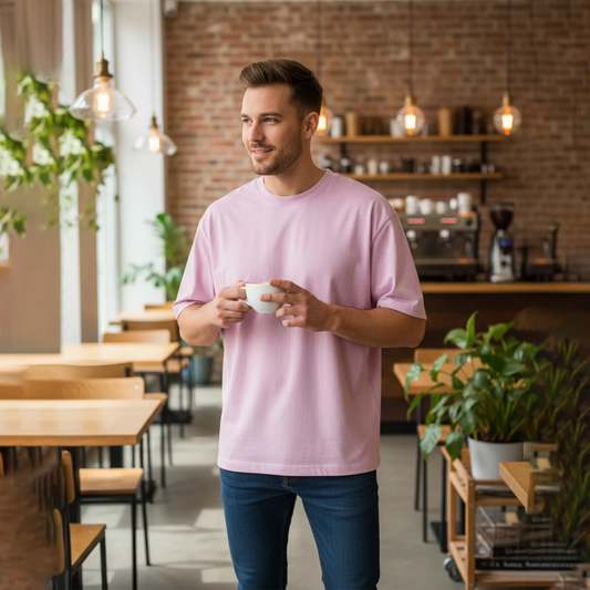 Man in a pink shirt holding a cup in a coffee shop