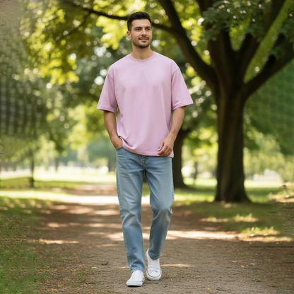 Man wearing a pink t-shirt and blue jeans walking in a park.