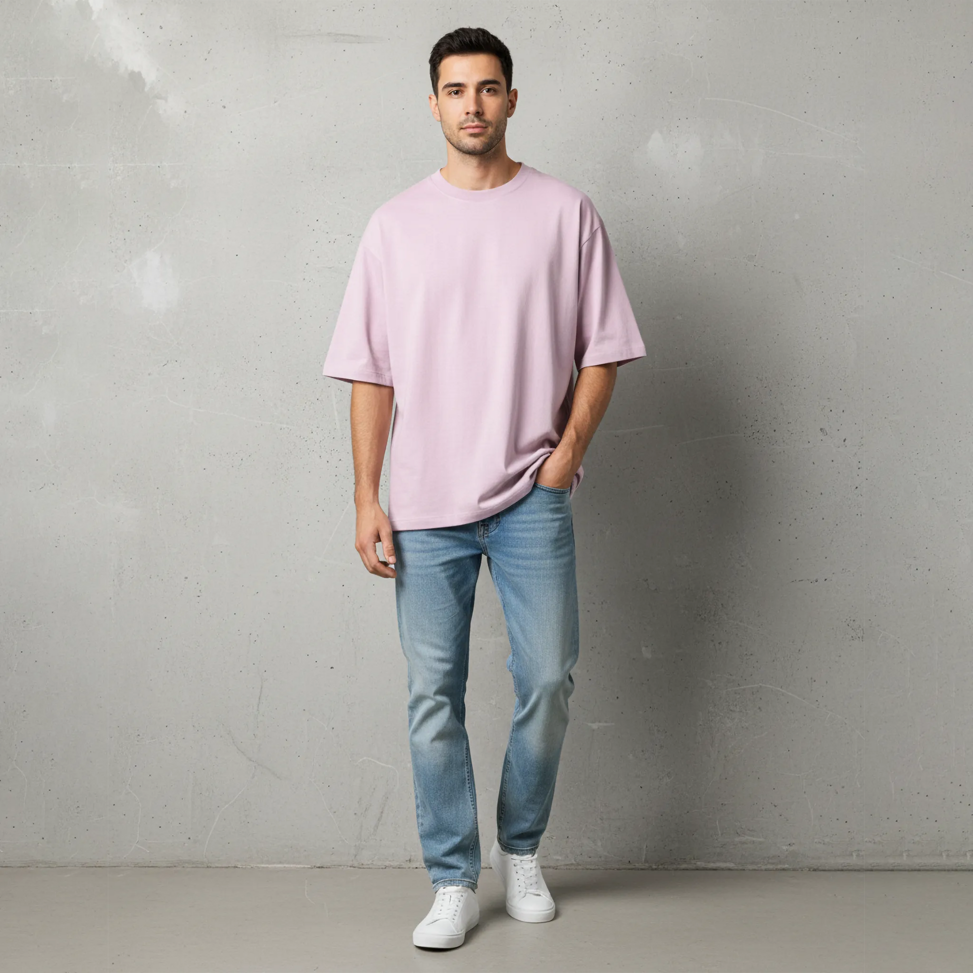 Man wearing a light pink t-shirt and blue jeans against a gray wall.