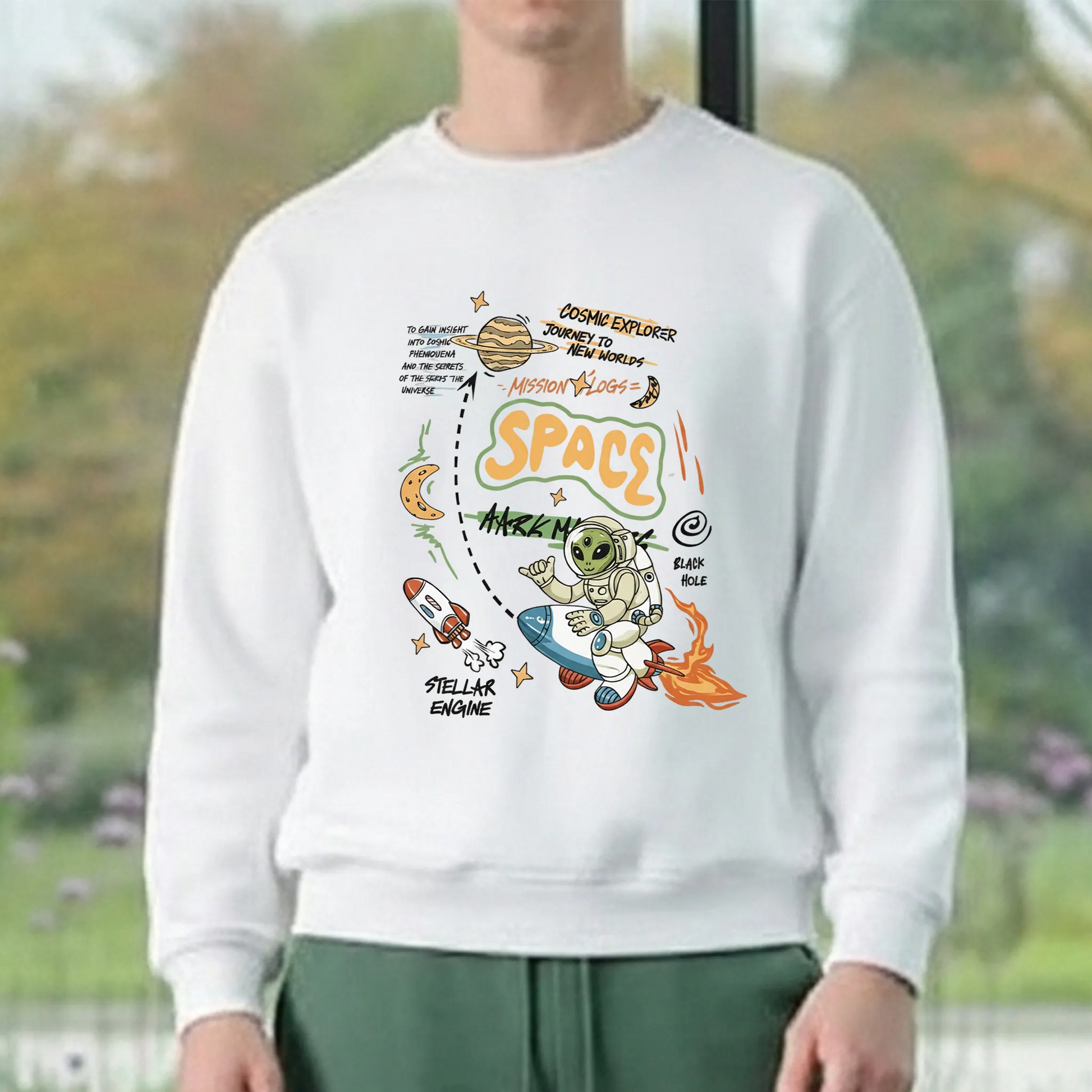 Space Mission-White-Mens Oversized Sweatshirt