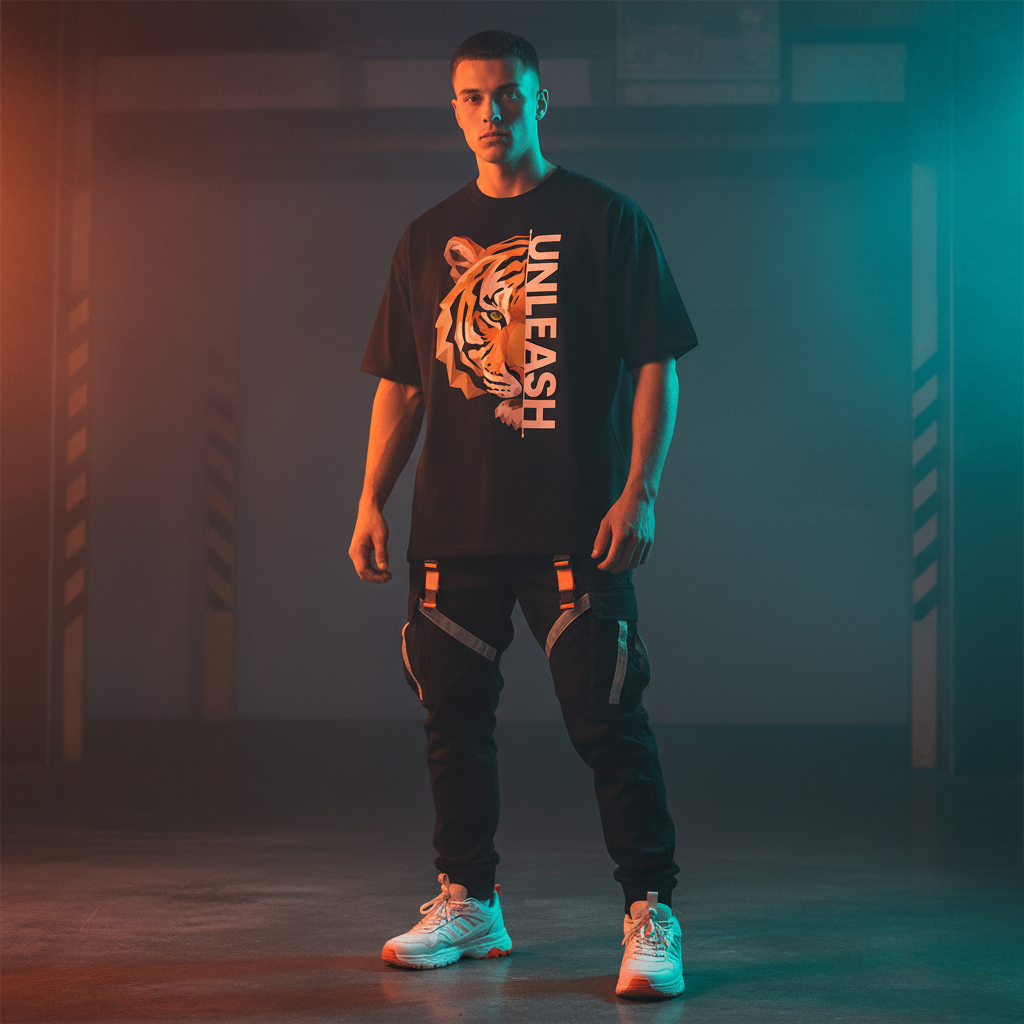 Unleash – Geometric Tiger Oversized Graphic T-Shirt Menswear